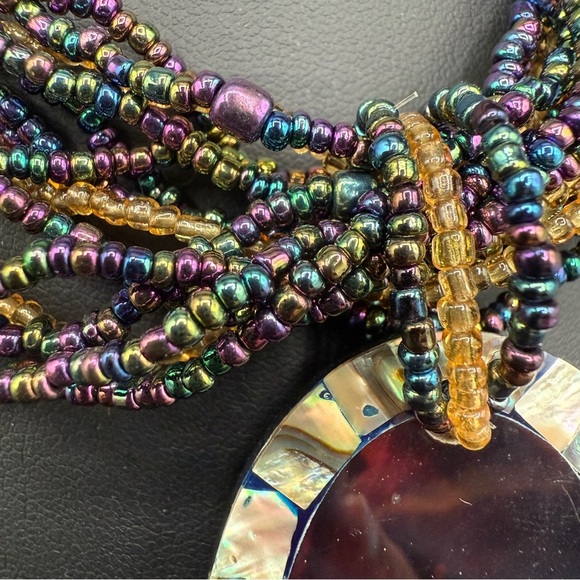 Multicolor Iridescent Seed Beaded Necklace with Large Abalone Shell Pendant - Picture 3 of 17